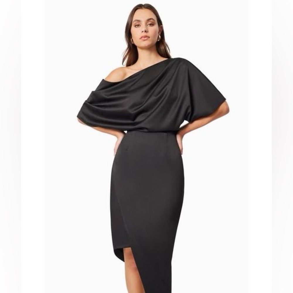 ELLIAT Carson One-Shoulder Satin Dress in Black, size S NWT